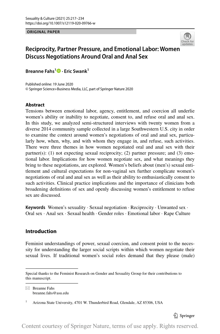 Reciprocity, Partner Pressure, and Emotional Labor: Women Discuss  Negotiations Around Oral and Anal Sex | Request PDF