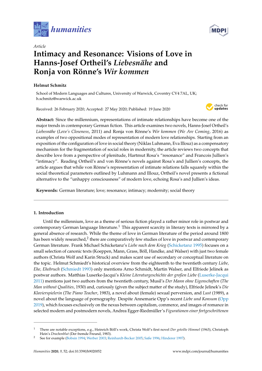 Pdf Intimacy And Resonance Visions Of Love In Hanns Josef Ortheil S Liebesnahe And Ronja Von Ronne S Wir Kommen