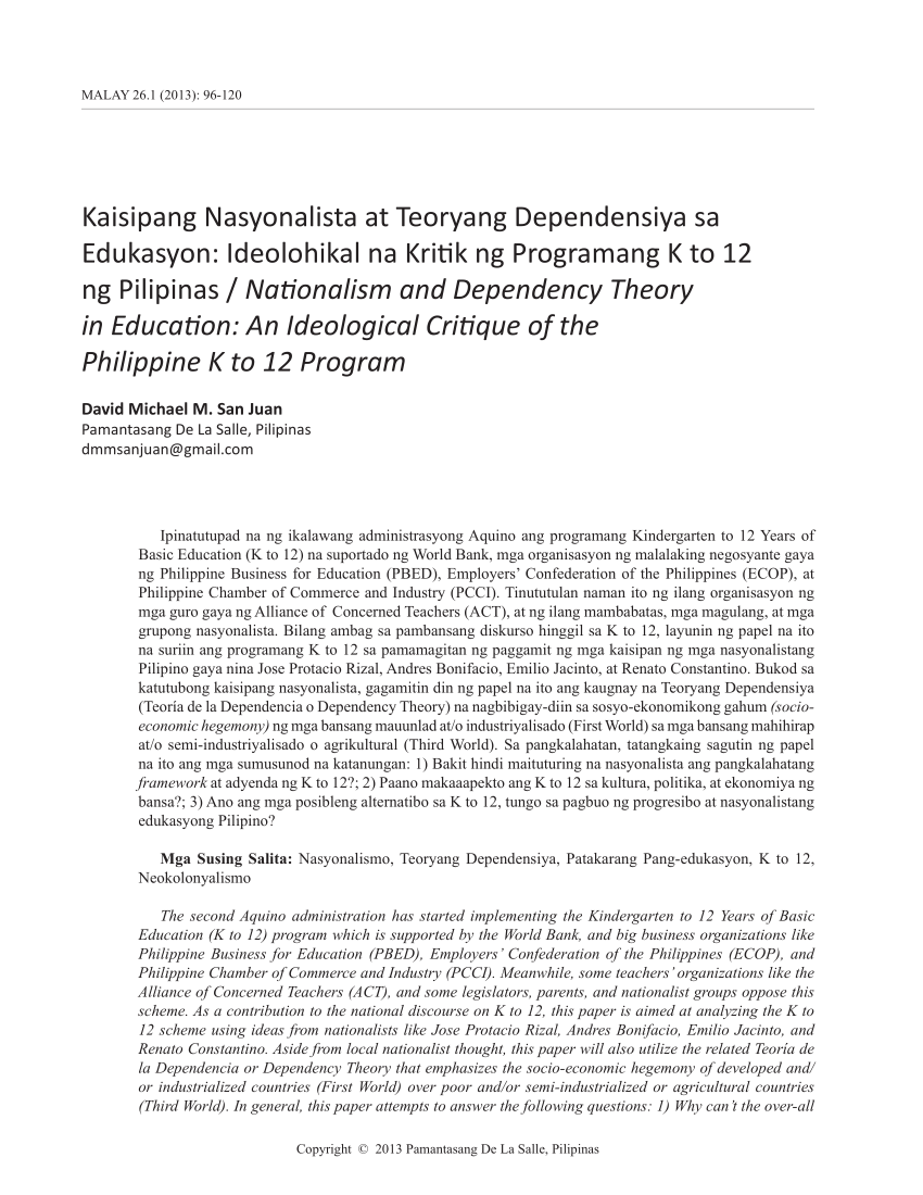 (PDF) Kaisipang Nasyonalista at Teoryang Dependensiya sa Edukasyon