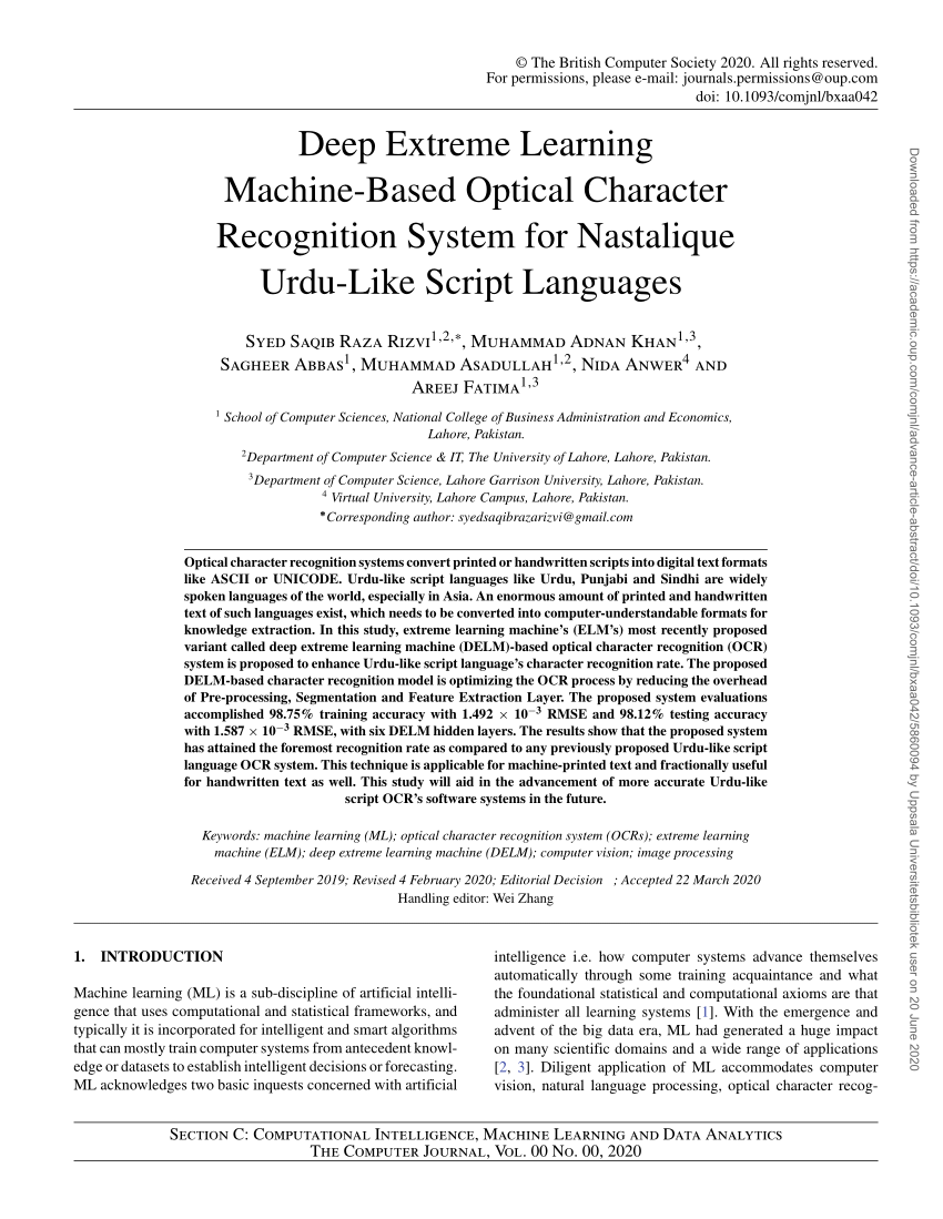 Pdf Deep Extreme Learning Machine Based Optical Character Recognition System For Nastalique Urdu Like Script Languages