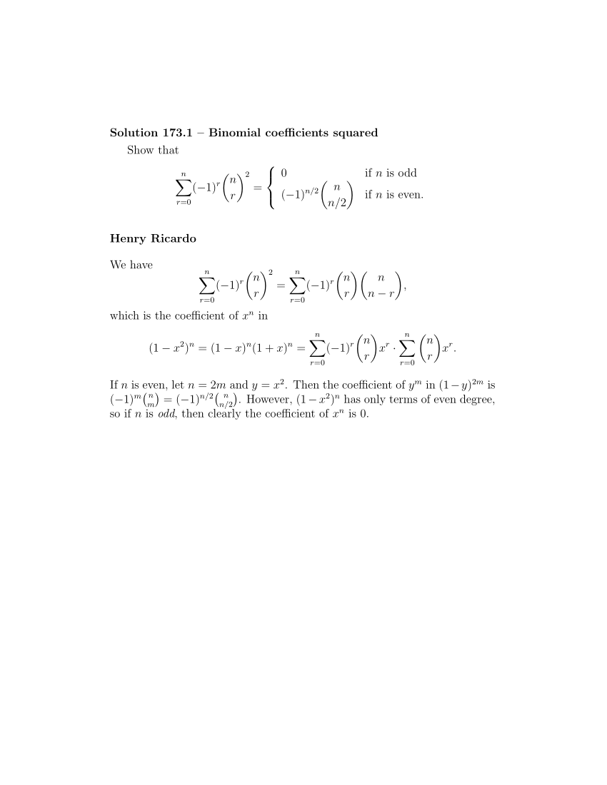 Pdf A Formula For The Alternating Sum Of Binomial Coefficients Squared 5060