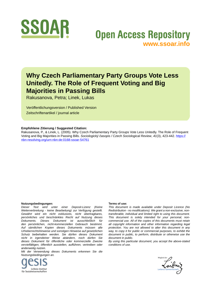 Pdf Why Czech Parliamentary Party Groups Vote Less Unitedly The Role Of Frequent Voting And Big Majorities In Passing Bills