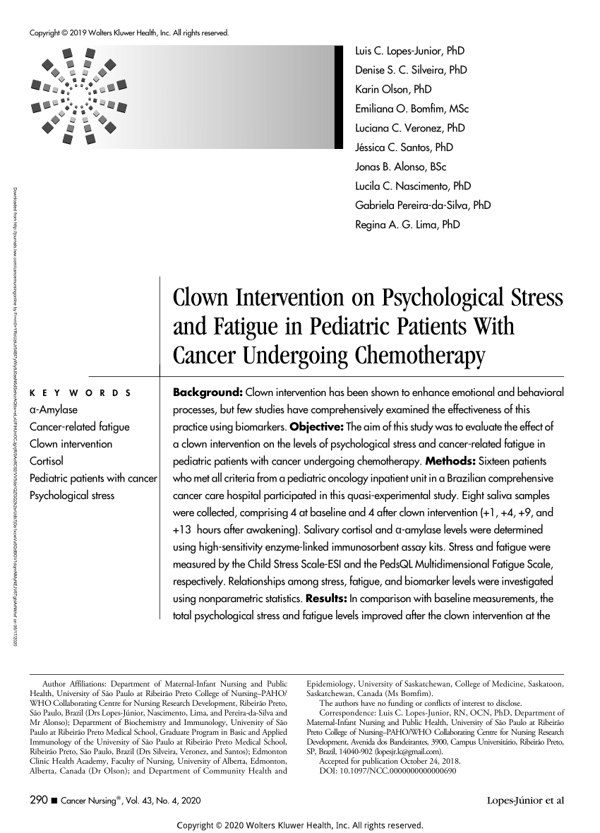 Pdf Clown Intervention On Psychological Stress And Fatigue In Pediatric Patients With Cancer Undergoing Chemotherapy