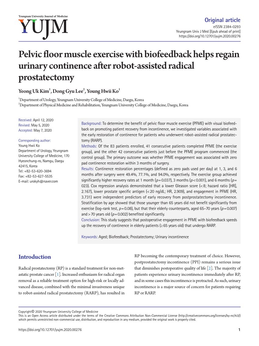 Pdf Pelvic Floor Muscle Exercise With Biofeedback Helps Regain Urinary Continence After Robot 