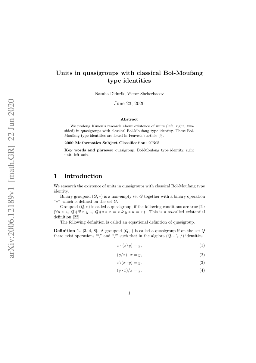 Pdf Units In Quasigroups With Classical Bol Moufang Type Identities