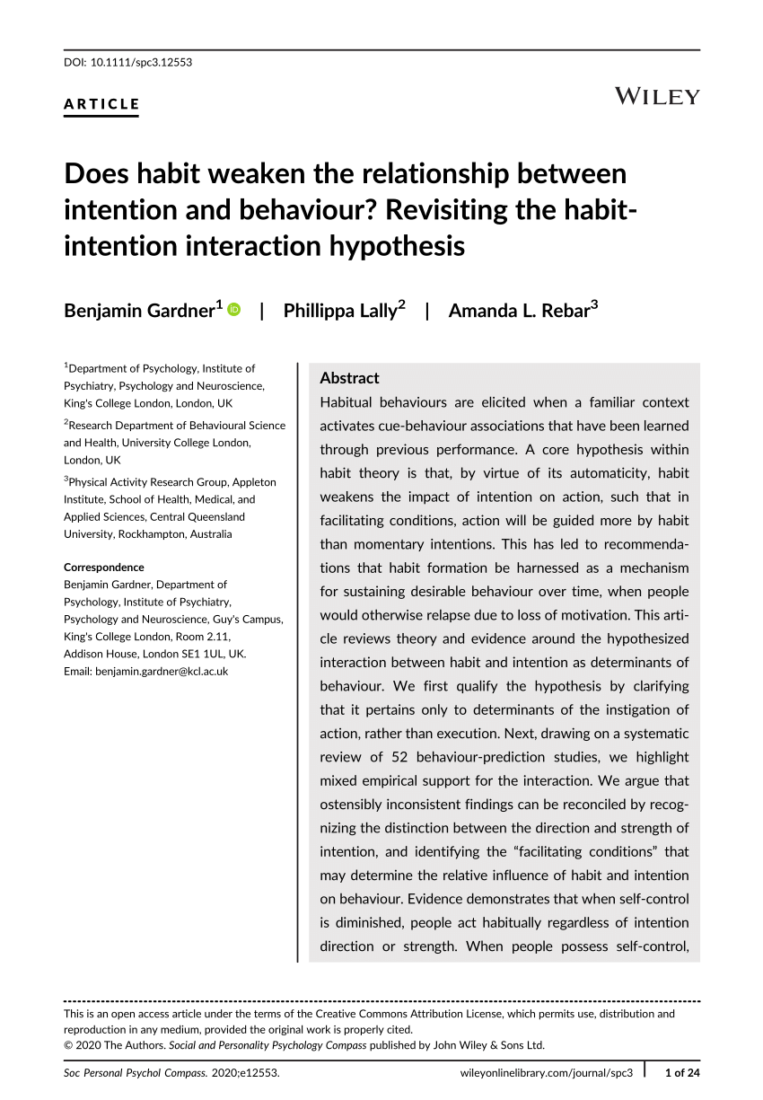 PDF) Does habit the relationship between intention and behaviour? Revisiting the habit- interaction