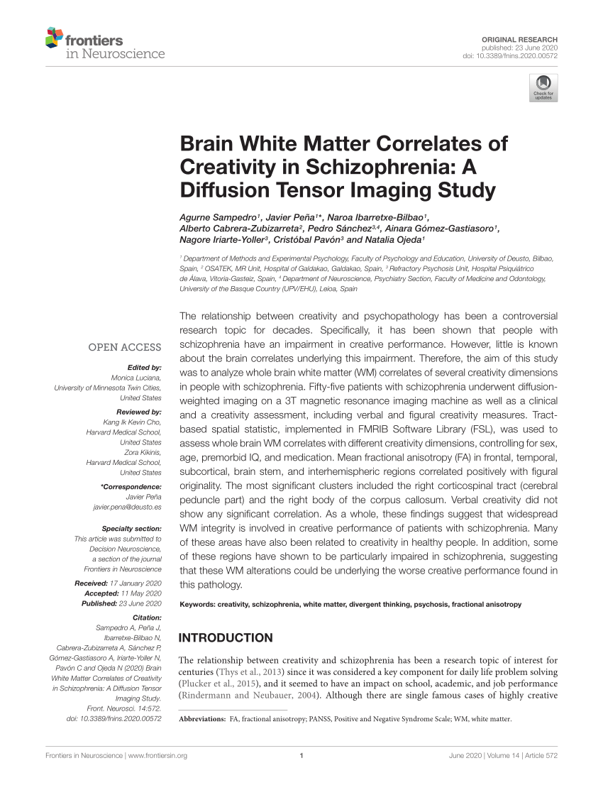PDF) Brain White Matter Correlates of Creativity in Schizophrenia ...