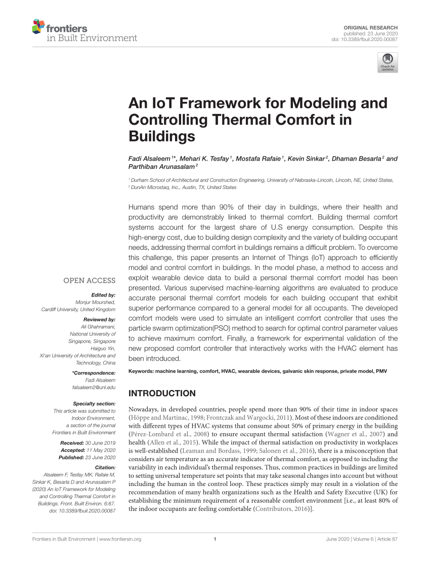 Frontiers  An IoT Framework for Modeling and Controlling Thermal Comfort  in Buildings