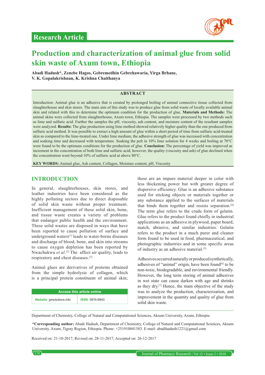 PDF) Production and characterization of animal glue from solid skin waste  of Axum town, Ethiopia