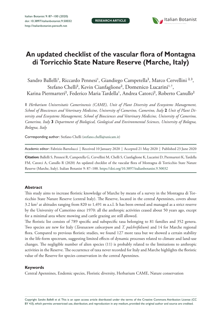 Pdf An Updated Checklist Of The Vascular Flora Of Montagna Di Torricchio State Nature Reserve Marche Italy