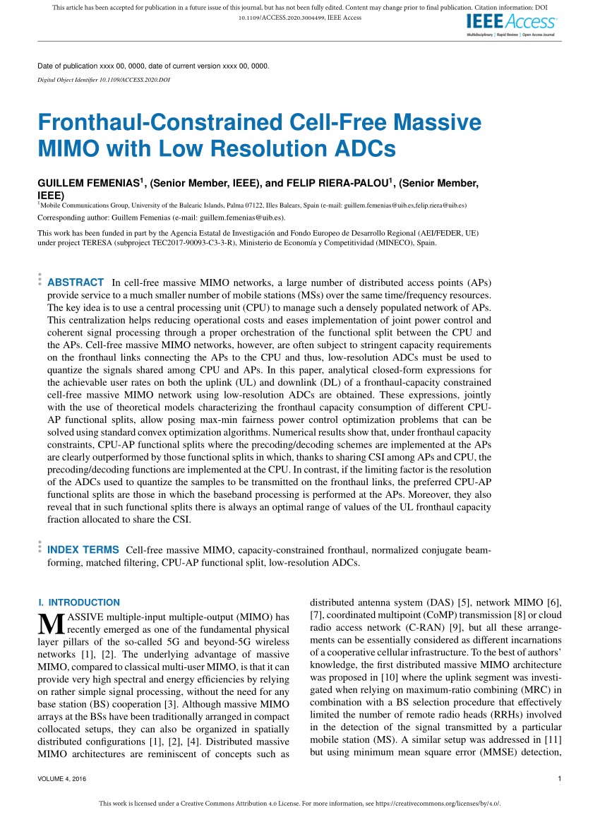 PDF) Fronthaul-Constrained Cell-Free Massive MIMO with Low Resolution ADCs
