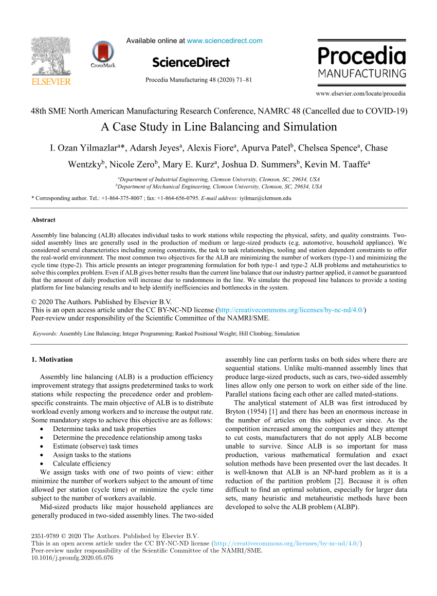 Pdf A Case Study In Line Balancing And Simulation