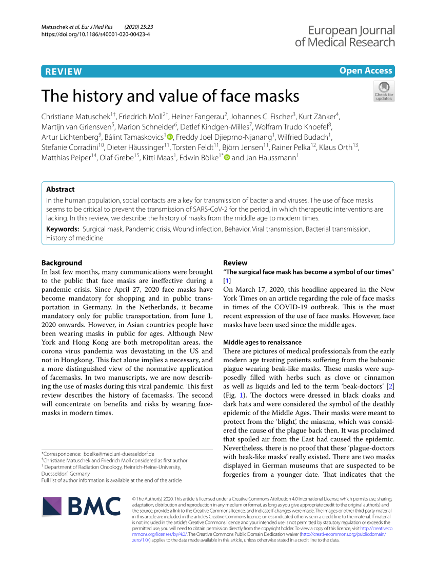 Pdf The History And Value Of Face Masks