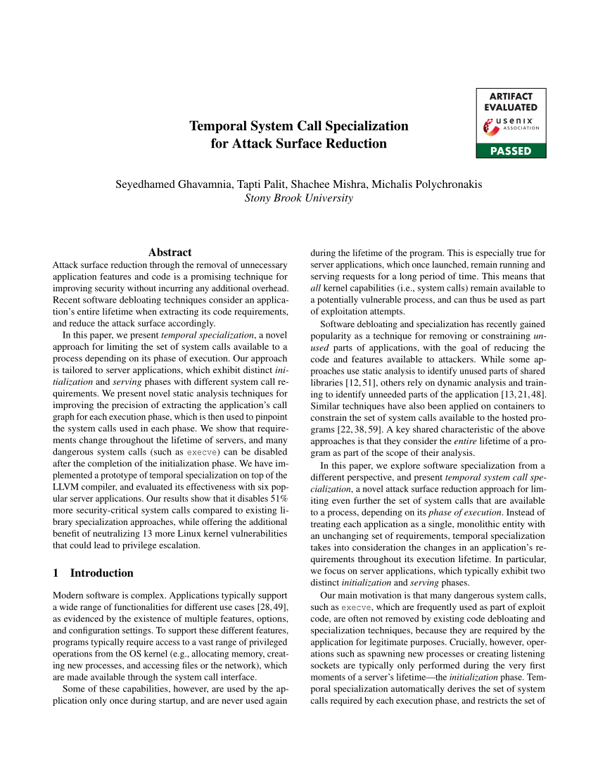 PDF) Temporal System Call Specialization for Attack Surface Reduction