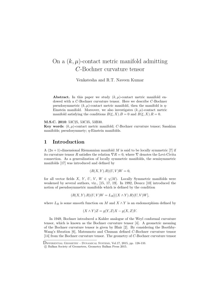 Pdf On A K µ Contact Metric Manifold Admitting C Bochner Curvature Tensor