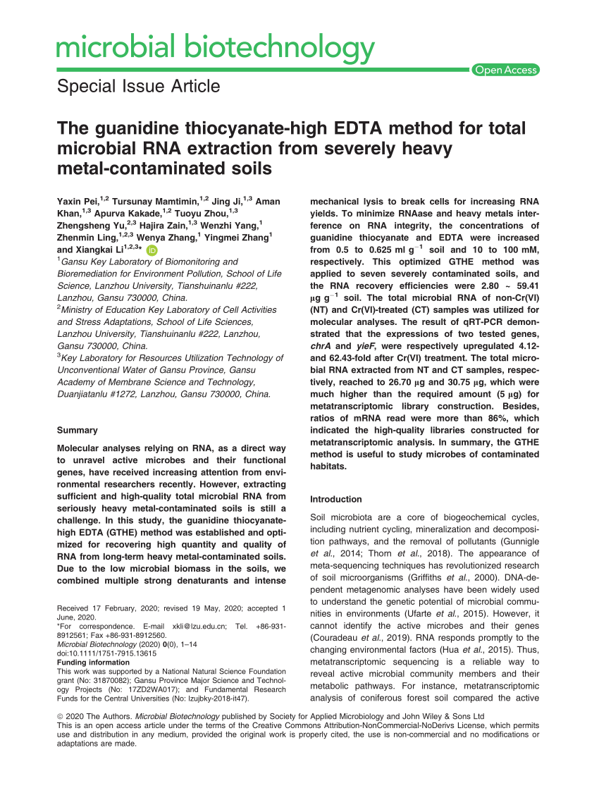 Pdf The Guanidine Thiocyanate High Edta Method For Total Microbial Rna Extraction From Severely Heavy Metal Contaminated Soils