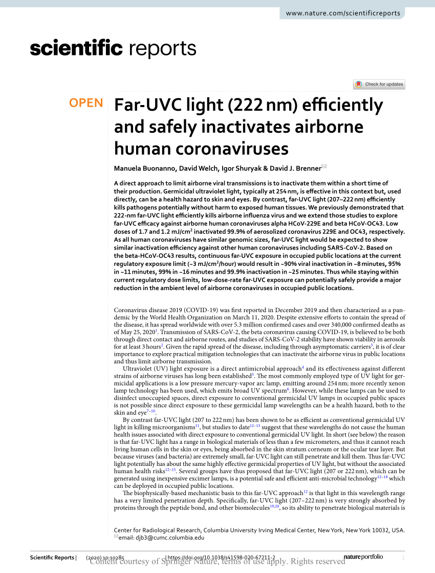 Pdf Far Uvc Light 222 Nm Efficiently And Safely Inactivates Airborne Human Coronaviruses