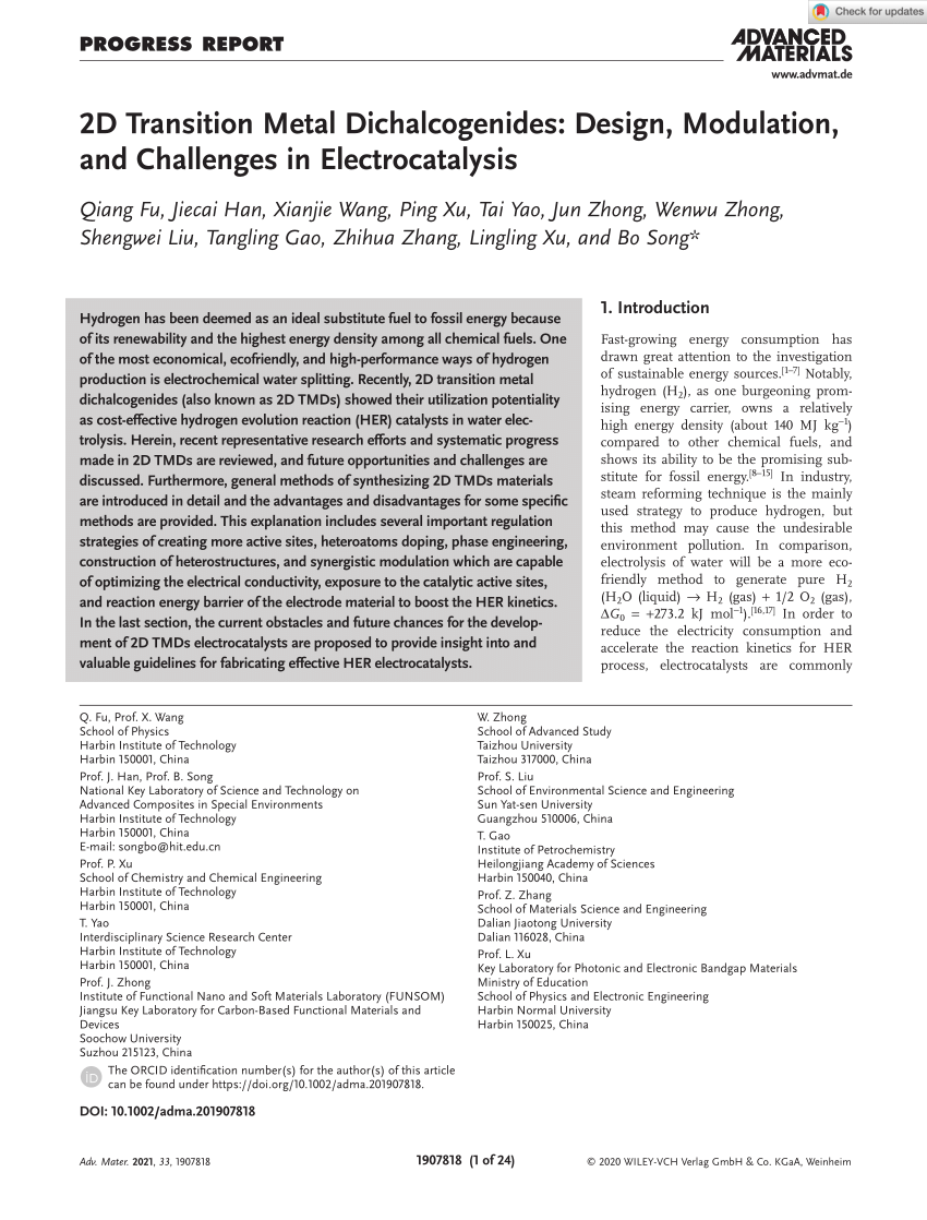 PDF) 2D Transition Metal Dichalcogenides: Design, Modulation, and 