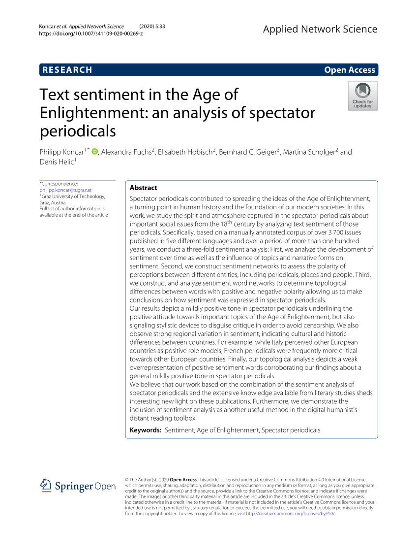PDF) Text sentiment in the Age of Enlightenment: an analysis of spectator  periodicals