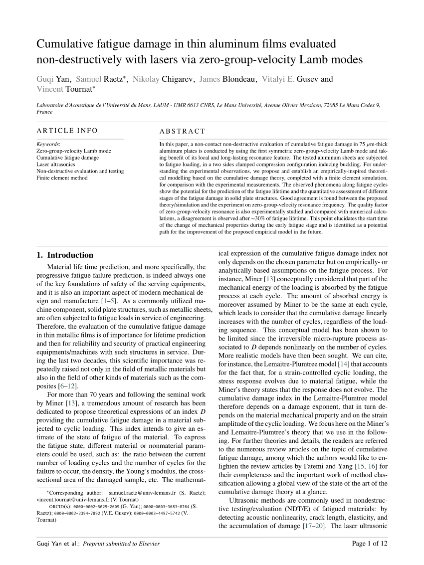 Pdf Cumulative Fatigue Damage In Thin Aluminum Films Evaluated Non Destructively With Lasers Via Zero Group Velocity Lamb Modes