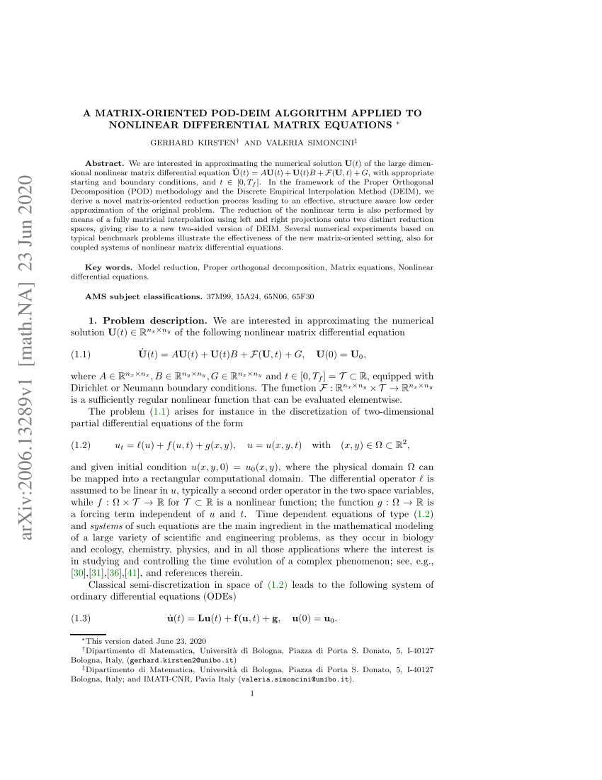 Pdf A Matrix Oriented Pod Deim Algorithm Applied To Nonlinear Differential Matrix Equations