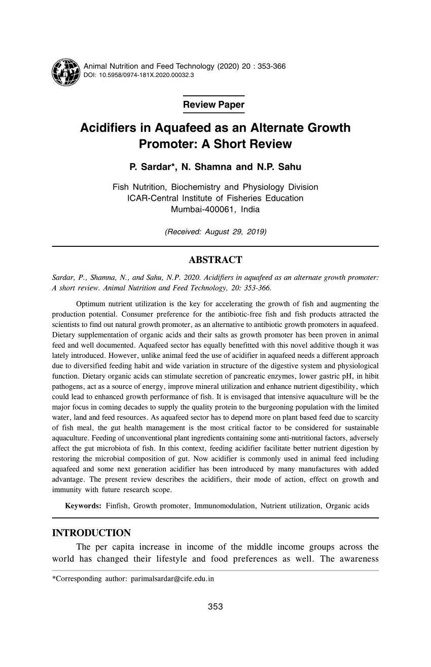 PDF) Acidifiers in Aquafeed as an Alternate Growth Promoter: A Short Review