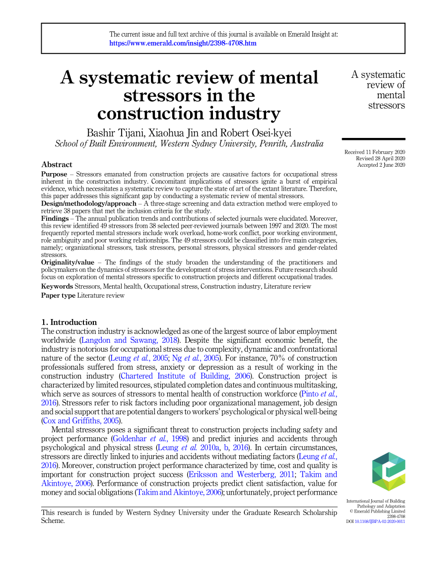 Pdf A Systematic Review Of Mental Stressors In The Construction Industry