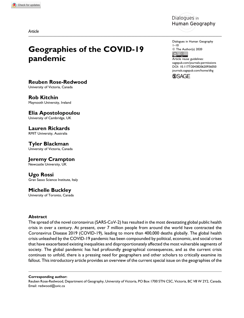 Pdf Geographies Of The Covid 19 Pandemic