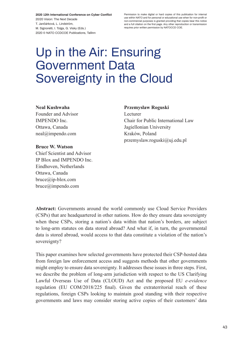 Pdf Up In The Air Ensuring Government Data Sovereignty In The Cloud