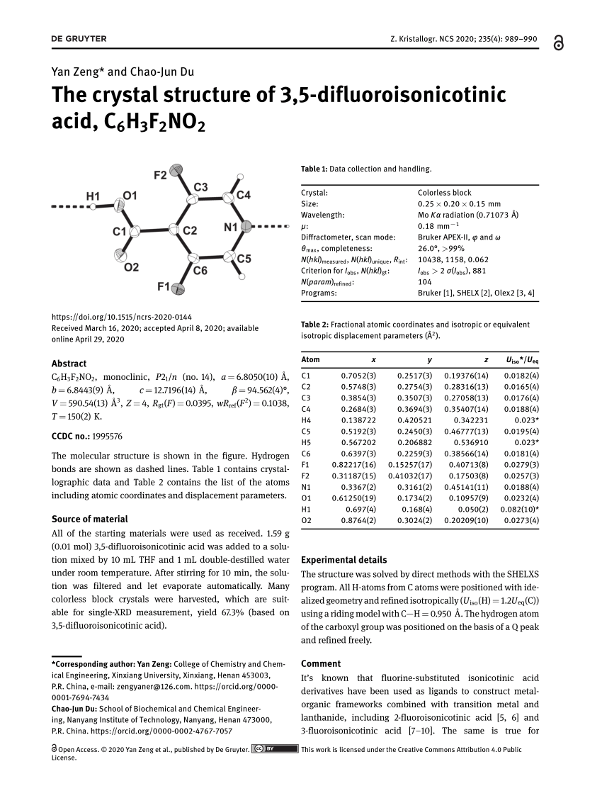 Pdf The Crystal Structure Of 3 5 Difluoroisonicotinic Acid C6h3f2no2