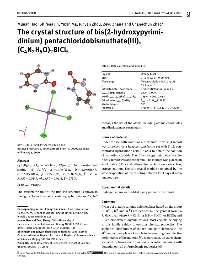 Pdf The Crystal Structure Of Bis 2 Hydroxypyrimidinium Pentachloridobismuthate Iii C4n2h5o 2bicl5