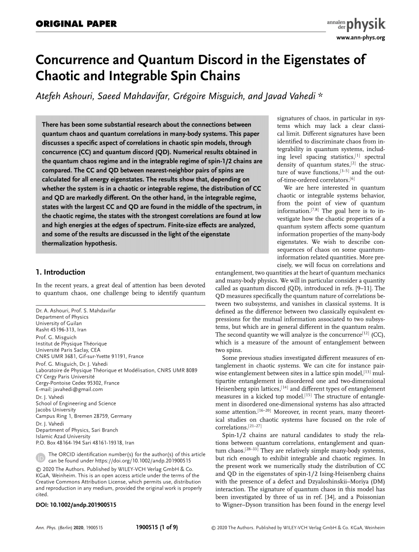 Pdf Concurrence And Quantum Discord In The Eigenstates Of Chaotic And Integrable Spin Chains