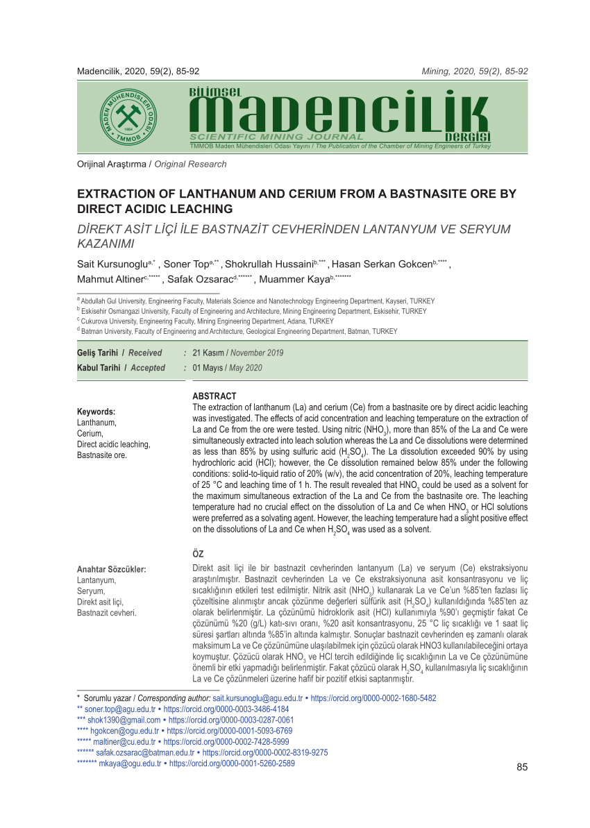 pdf extraction of lanthanum and cerium from a bastnasite ore by direct acidic leaching