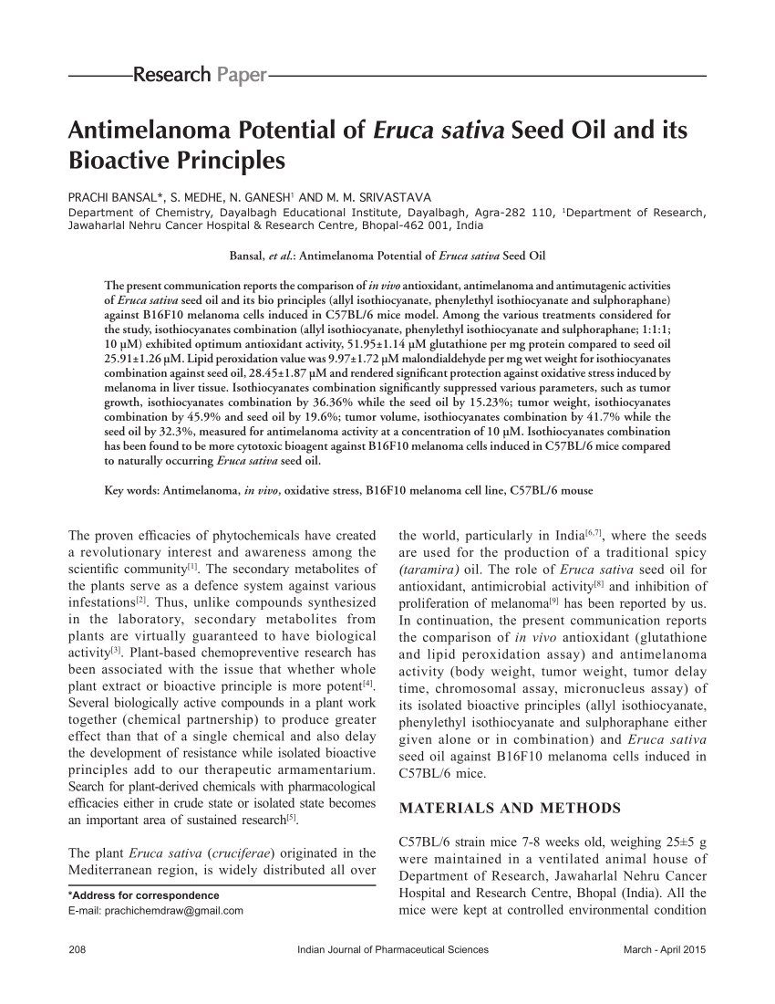 Pdf Antimelanoma Potential Of Eruca Sativa Seed Oil An