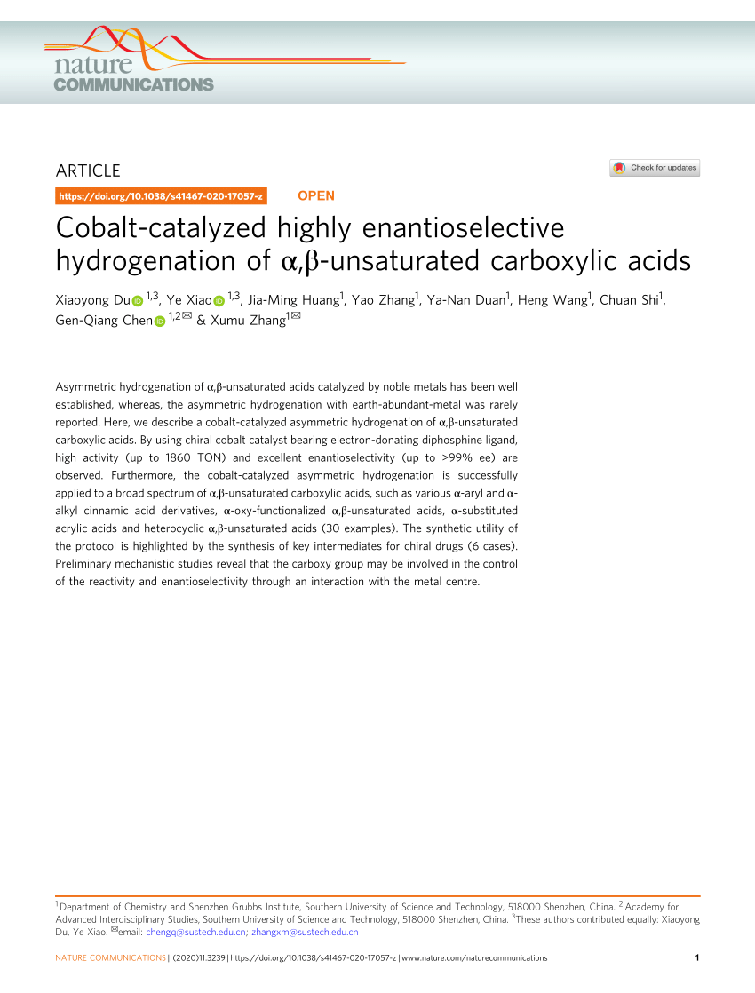 Pdf Cobalt Catalyzed Highly Enantioselective Hydrogenation Of A B Unsaturated Carboxylic Acids