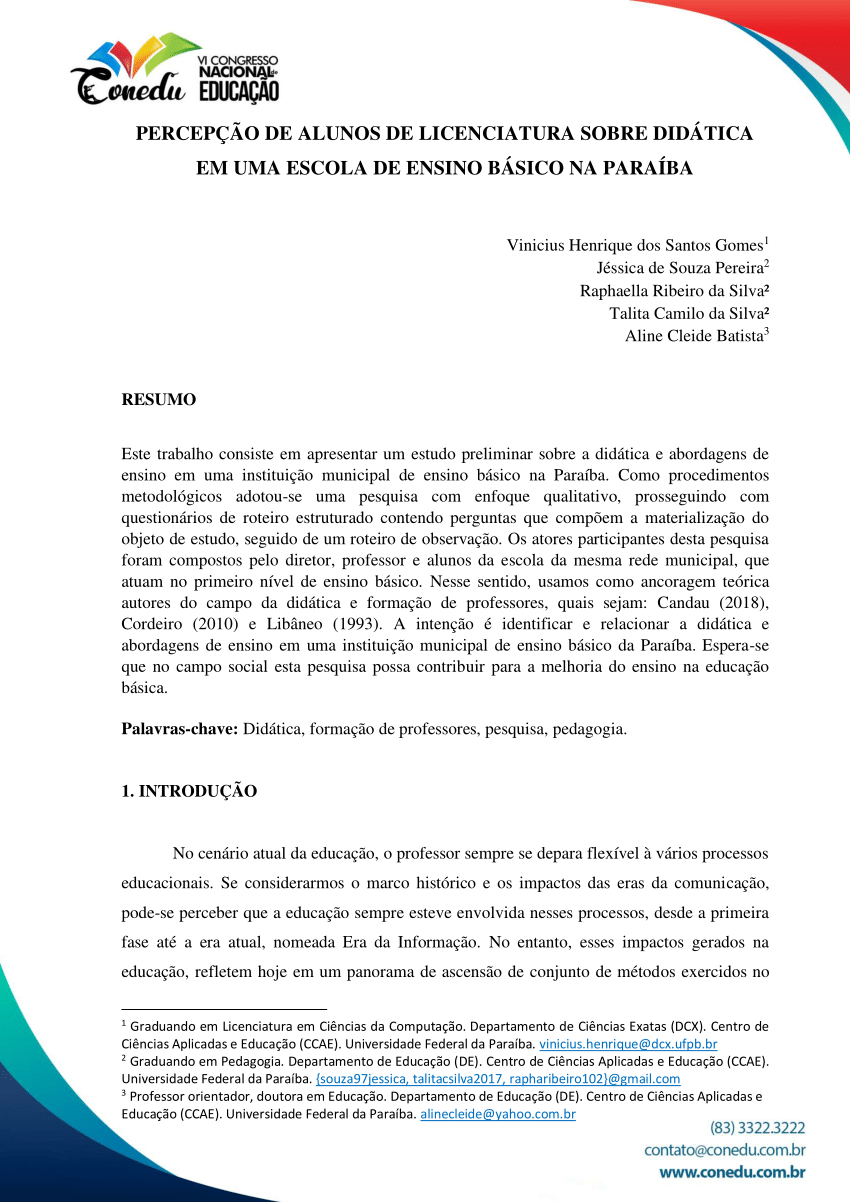 Percepção dos professores da escola de educação básica