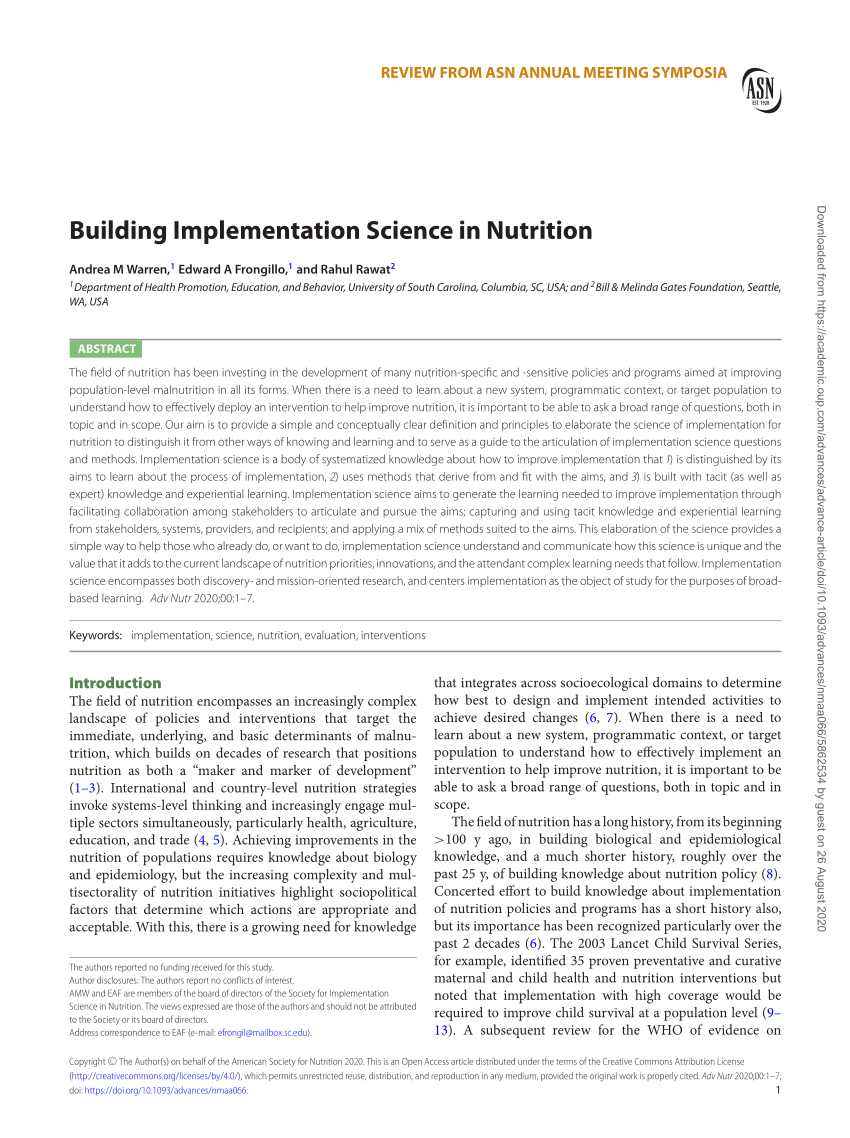 PDF Building Implementation Science in Nutrition