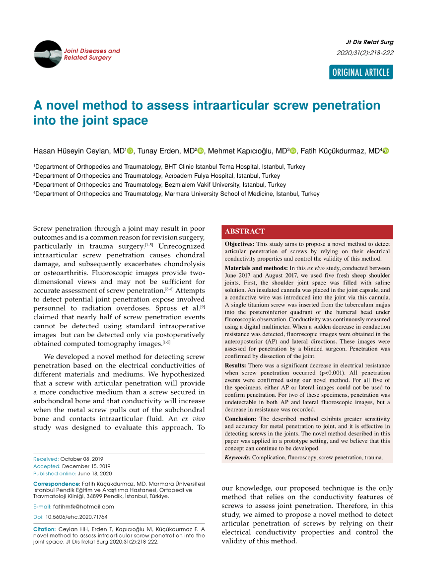 Pdf A Novel Method To Assess Intraarticular Screw Penetration Into The Joint Space