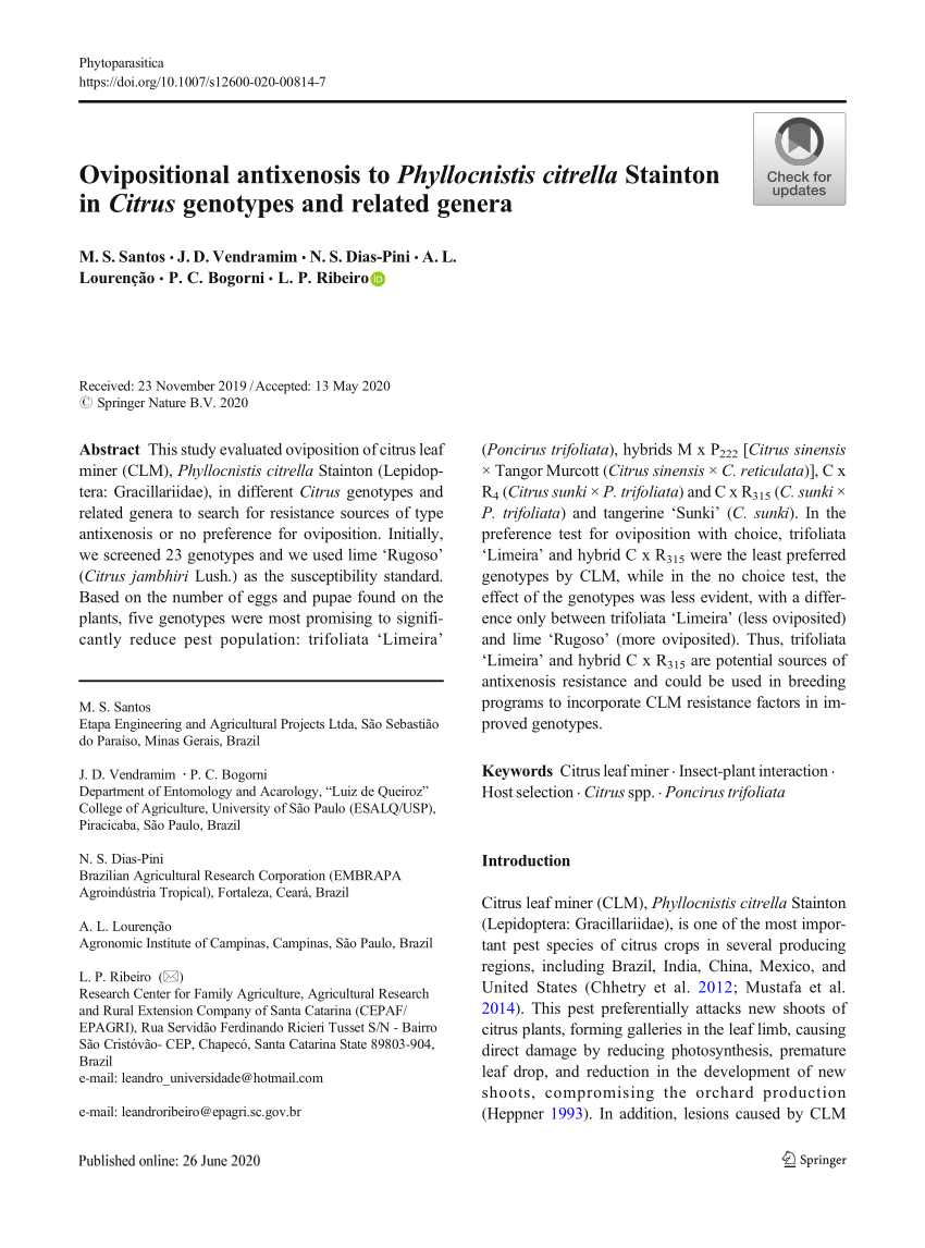 Pdf Ovipositional Antixenosis To Phyllocnistis Citrella Stainton In Citrus Genotypes And Related Genera