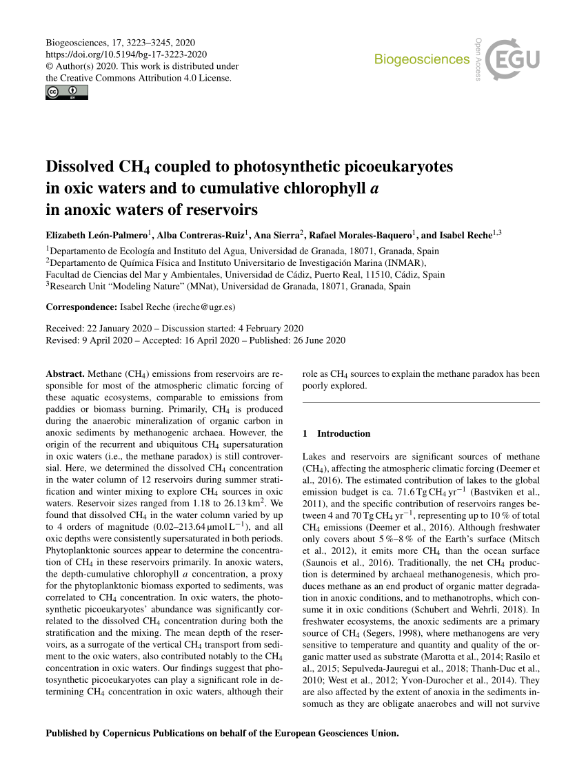 Pdf Dissolved Ch Sub 4 Sub Coupled To Photosynthetic Picoeukaryotes In Oxic Waters And To Cumulative Chlorophyll A In Anoxic Waters Of Reservoirs