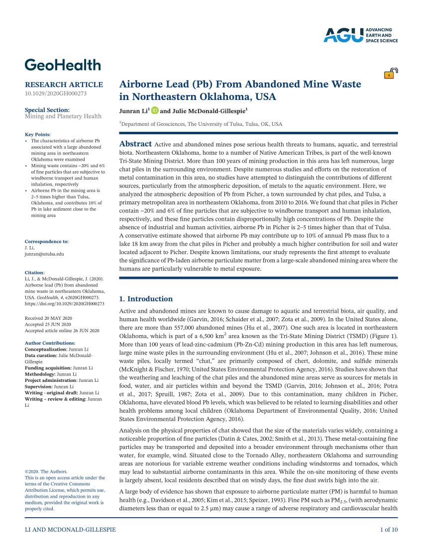 Pdf Airborne Lead Pb From Abandoned Mine Waste In Northeastern Oklahoma Usa
