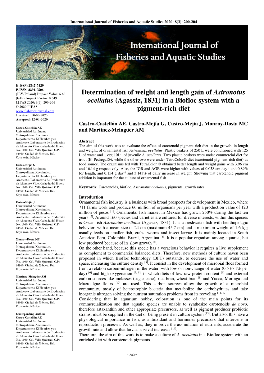 Pdf Determination Of Weight And Length Gain Of Astronotus Ocellatus Agassiz 11 In A Biofloc System With A Pigment Rich Diet