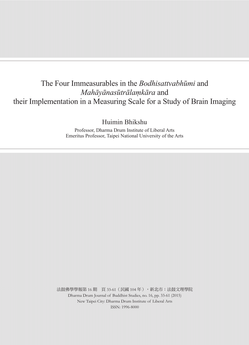 Pdf 2015the Four Immeasurables In The Bodhisattvabhumi And Mahayanasutralaṃkara And Their Implementation In A Measuring Scale For A Study Of Brain Imaging