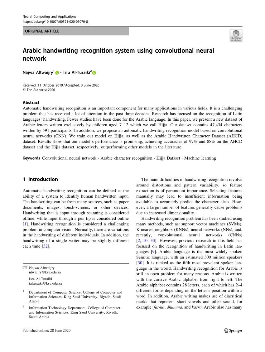 Pdf Arabic Handwriting Recognition System Using Convolutional Neural Network