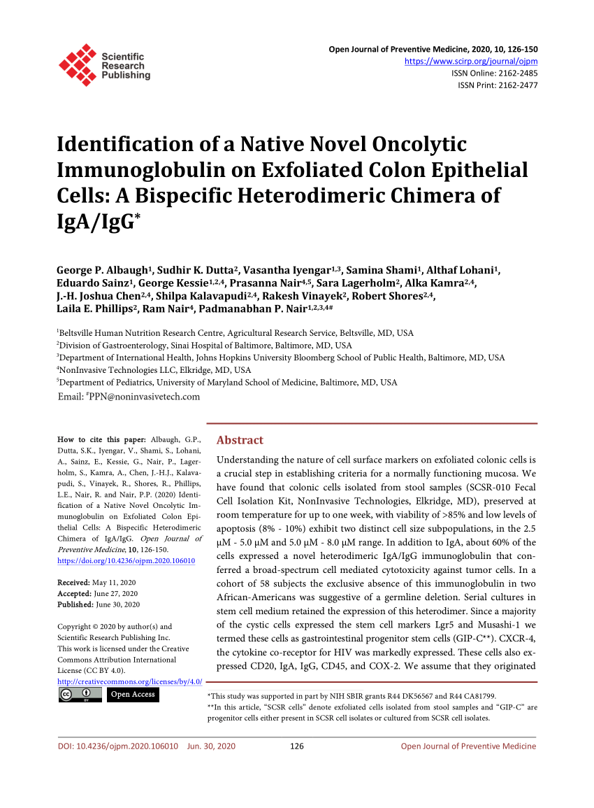 Pdf Identification Of A Native Novel Oncolytic Immunoglobulin On Exfoliated Colon Epithelial Cells A Bispecific Heterodimeric Chimera Of Iga Igg