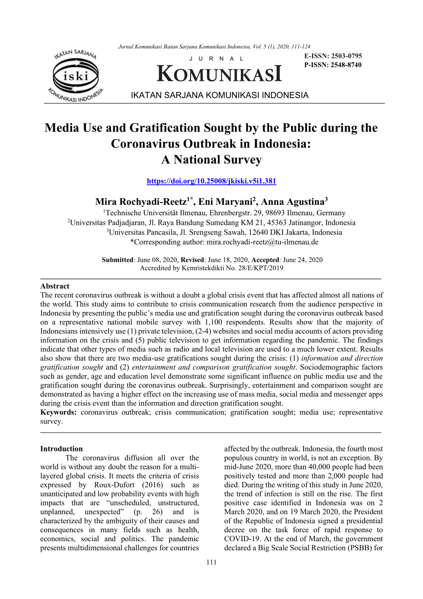 Pdf Public S Media Use And Gratification Sought During Corona Virus Outbreak In Indonesia A National Survey