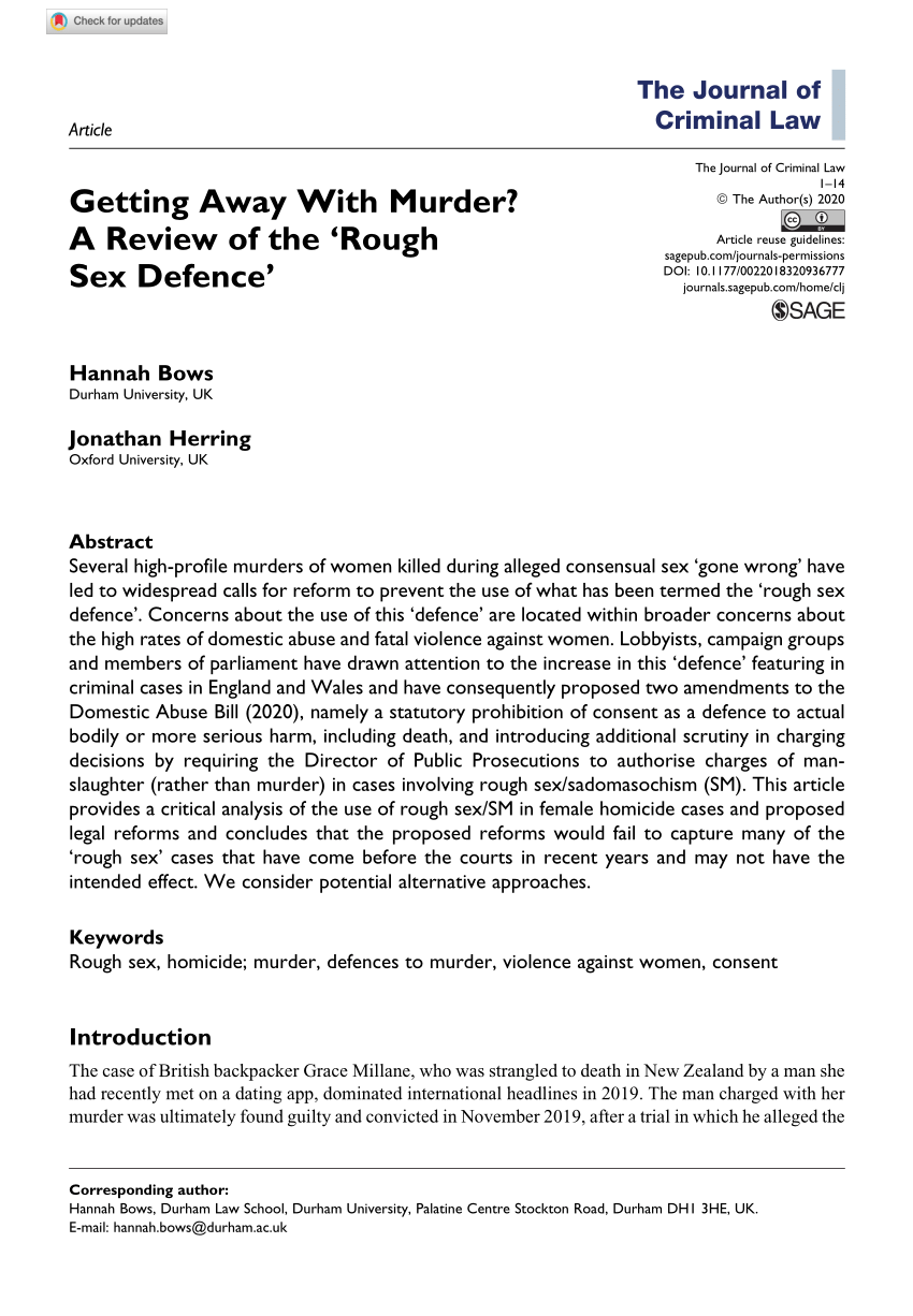 Pdf Getting Away With Murder A Review Of The ‘rough Sex Defence 9885