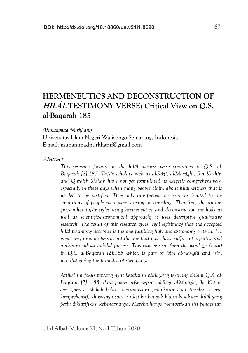 Pdf Hermeneutics And Deconstruction Of Hilal Testimony Verse Critical View On Q S Al Baqarah 185