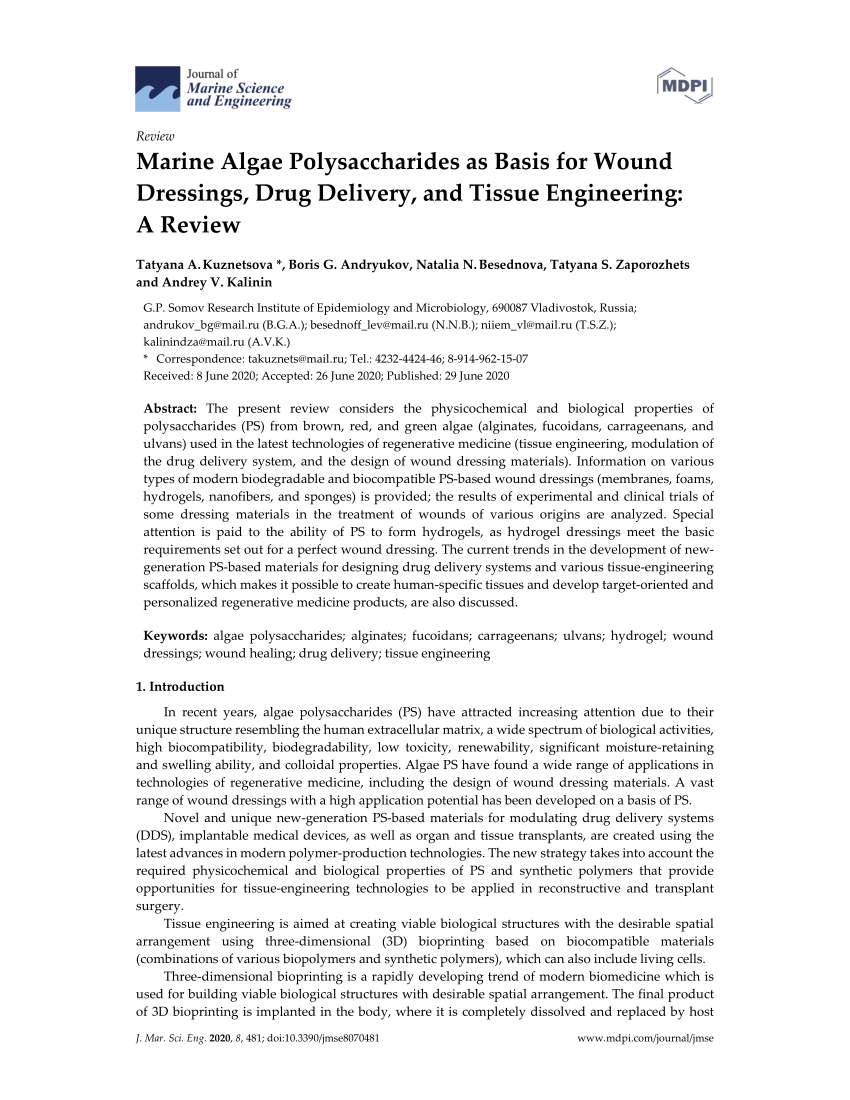 Pdf Marine Algae Polysaccharides As Basis For Wound Dressings Drug Delivery And Tissue Engineering A Review