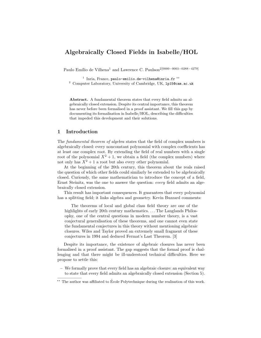 PDF Algebraically Closed Fields in Isabelle HOL